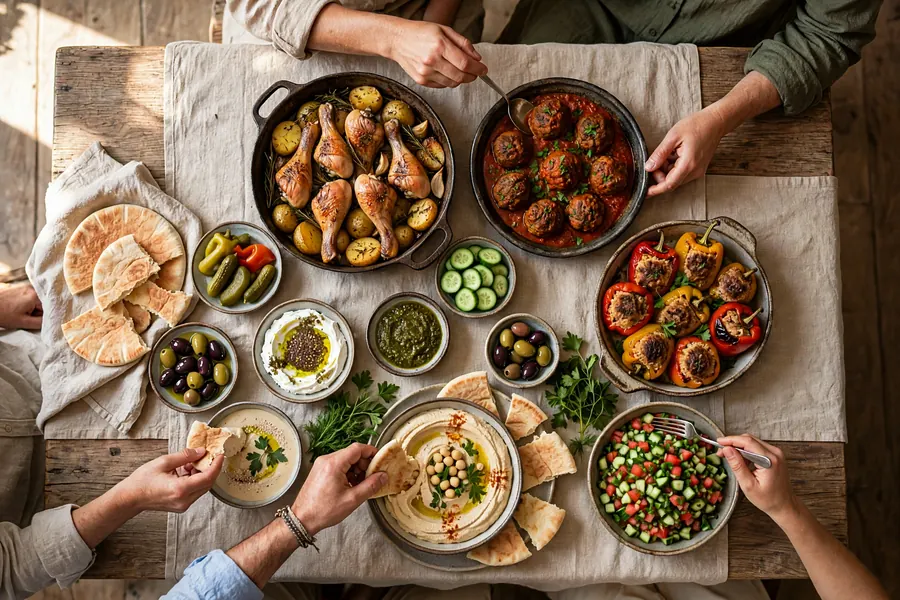 שולחן משפחתי עם פולקיים ותפוחי אדמה, קציצות ברוטב ופלפלים ממולאים