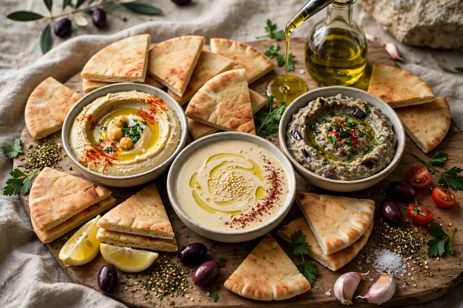חומוס, טחינה ובאבאגנוש עם רבעי פיתות